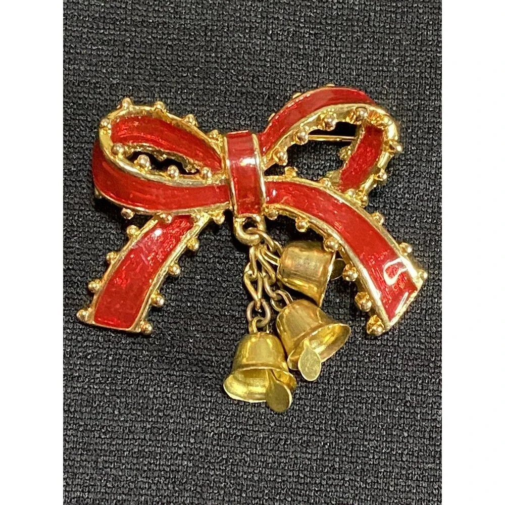 Christmas Gold Tone Red Enamel Ribbon Bow Pin, Brooch With Bells Vintage